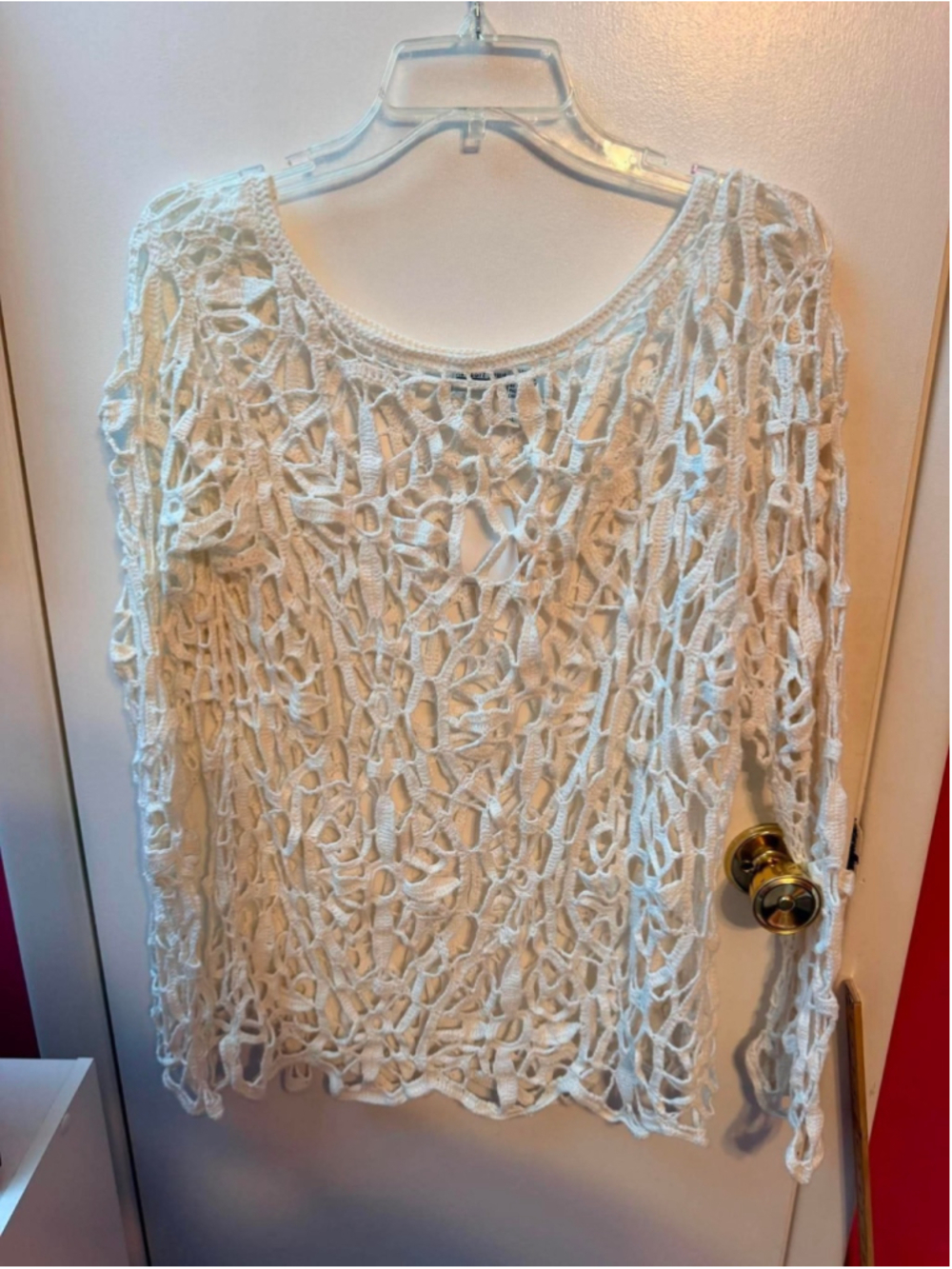 Newport News Women’s Sweater White XL Open Knit Crochet Boho 90s Vintage NWT